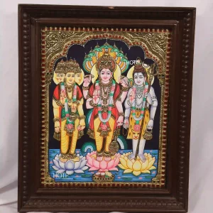 Thrimurthulu Tanjore Painting depicting Brahma, Vishnu, and Shiva in vibrant colors