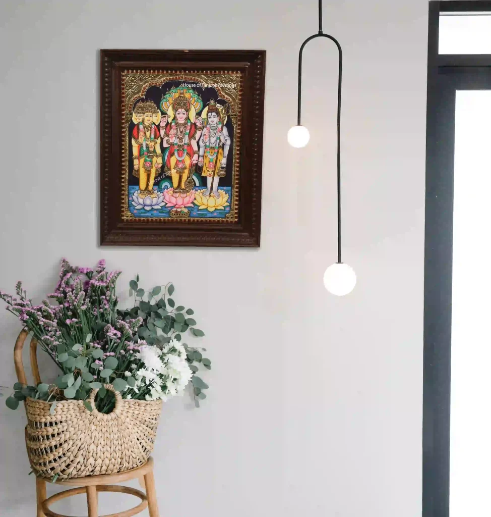 Thrimurthulu Tanjore Painting depicting Brahma, Vishnu, and Shiva in vibrant colors